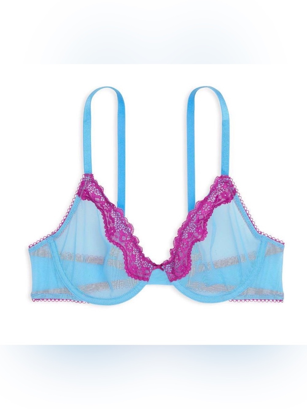 Victoria's Secret Light Blue Sheer Bra with Fuchsia Lace Trim